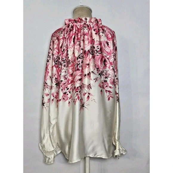 Anne Klein Printed Ruffle-Neck Long-Sleeve Satin Top Size XXL - Picture 3 of 10